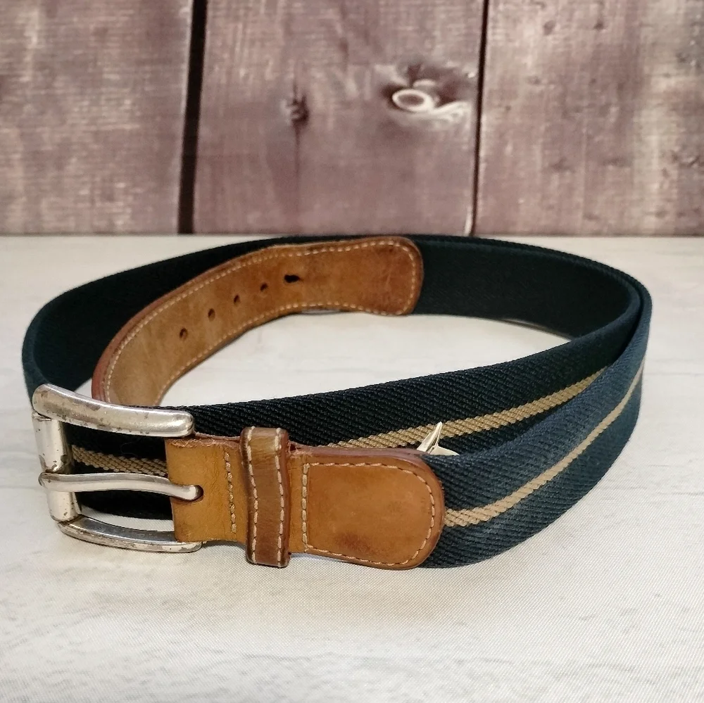 VINTAGE LL BEAN CANVAS LEATHER BELT ( MENS Sz 38) NAVY KHAKI STRIPED